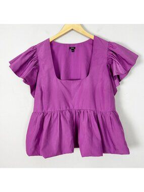 Express Purple Peplum Bubble Hem Top Flutter Sleeve Size XL Women's